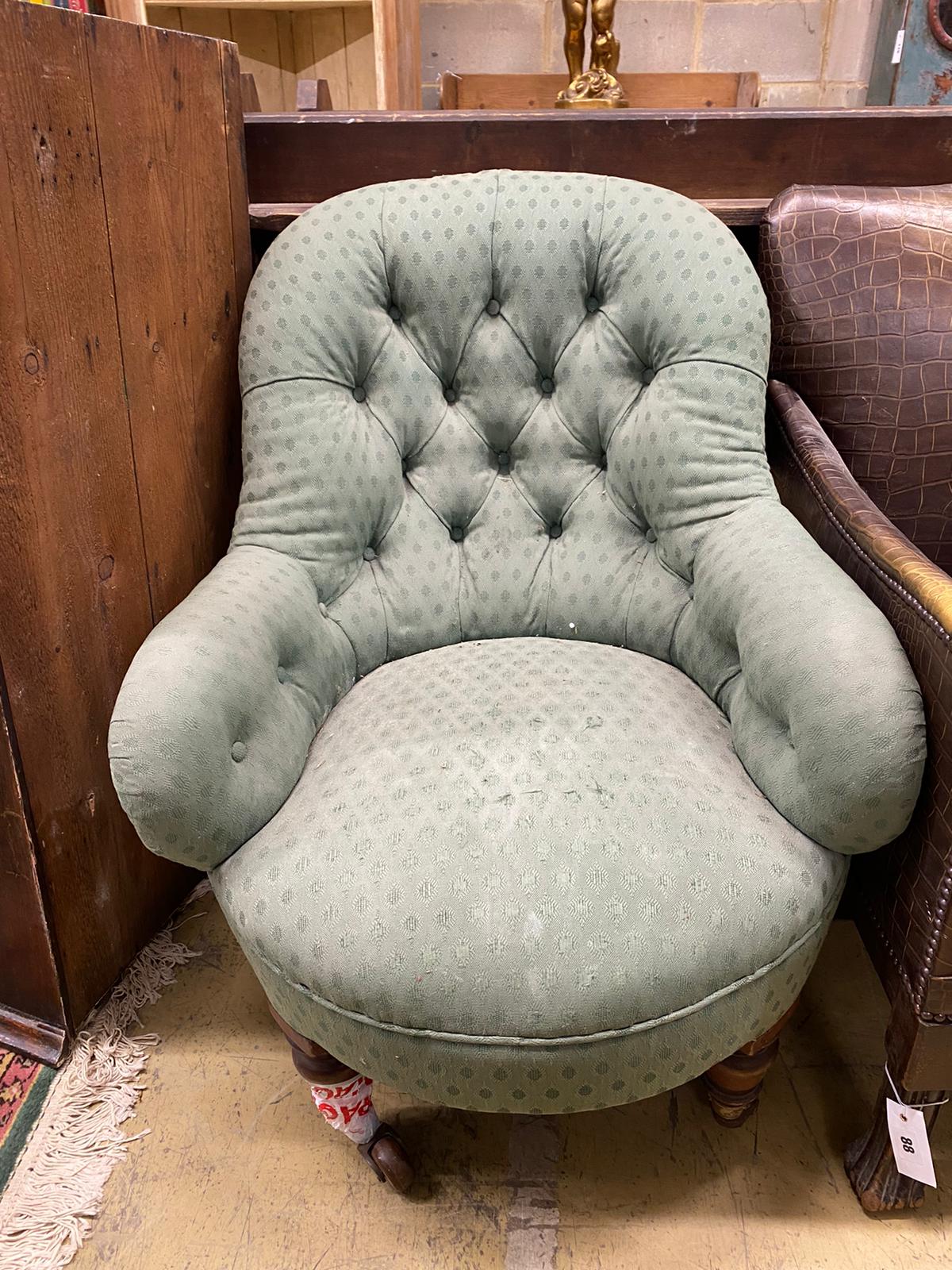 A faux crocodile club chair together with a Victorian spoonback chair